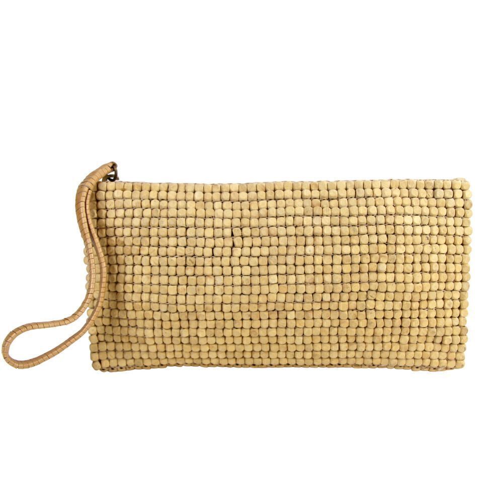 Sigrid Olsen WOOD BEIGE GENUINE LEATHER TRIM ZIP PURSE CLUTCH WALLET WRISTLET